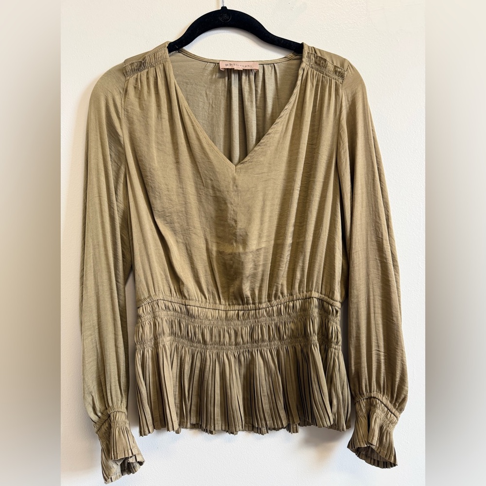 Philosophy Whimsygoth Peplum Blouse Olive Taupe Long Sleeve V Neck Women’s S - Picture 1 of 7